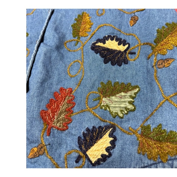Vintage Tantrum Blues Women Medium Embroidery Leaf Blue Denim Vest Button Up - Picture 5 of 11